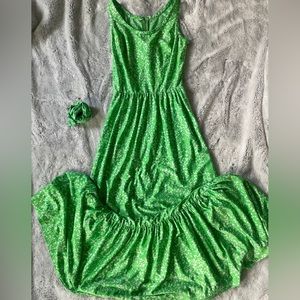 Vintage Green Floral Maxi Dress 60s/70s De Laix Tie Waist